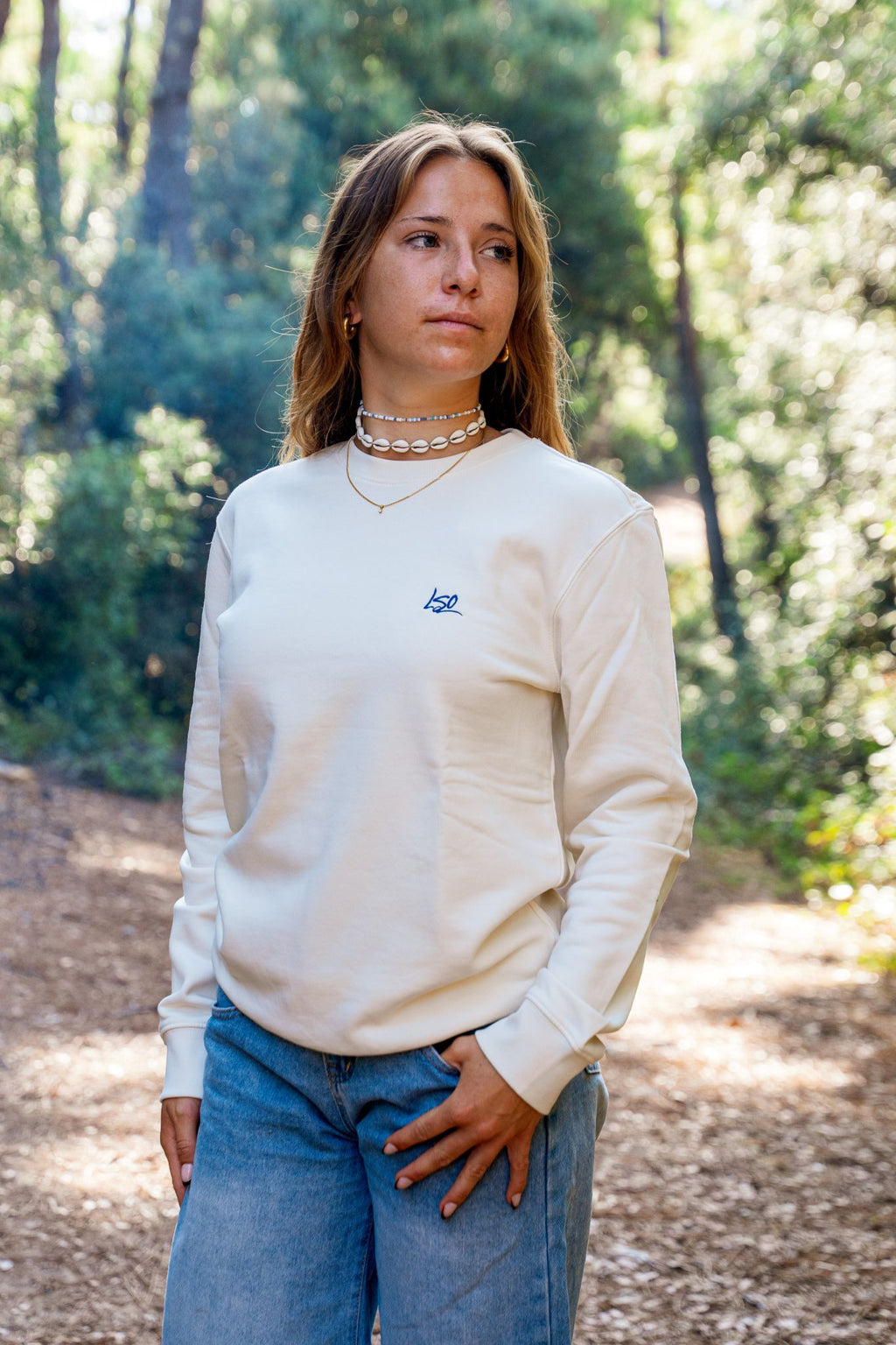 Sweat-shirt col rond mixte surfeur ivoire