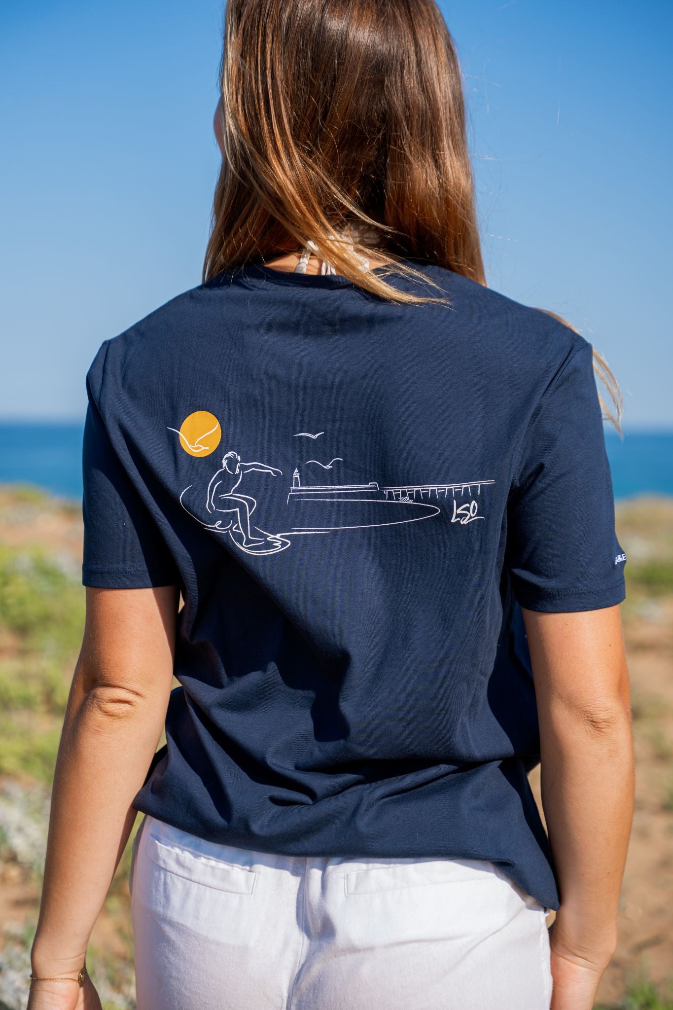T-Shirt col rond mixte surfeur bleu marine